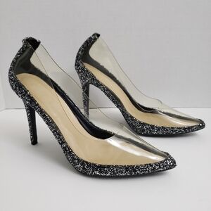 8.5 Wild Diva Lounge Clear Pointy Heel With Black Chunky Glitter